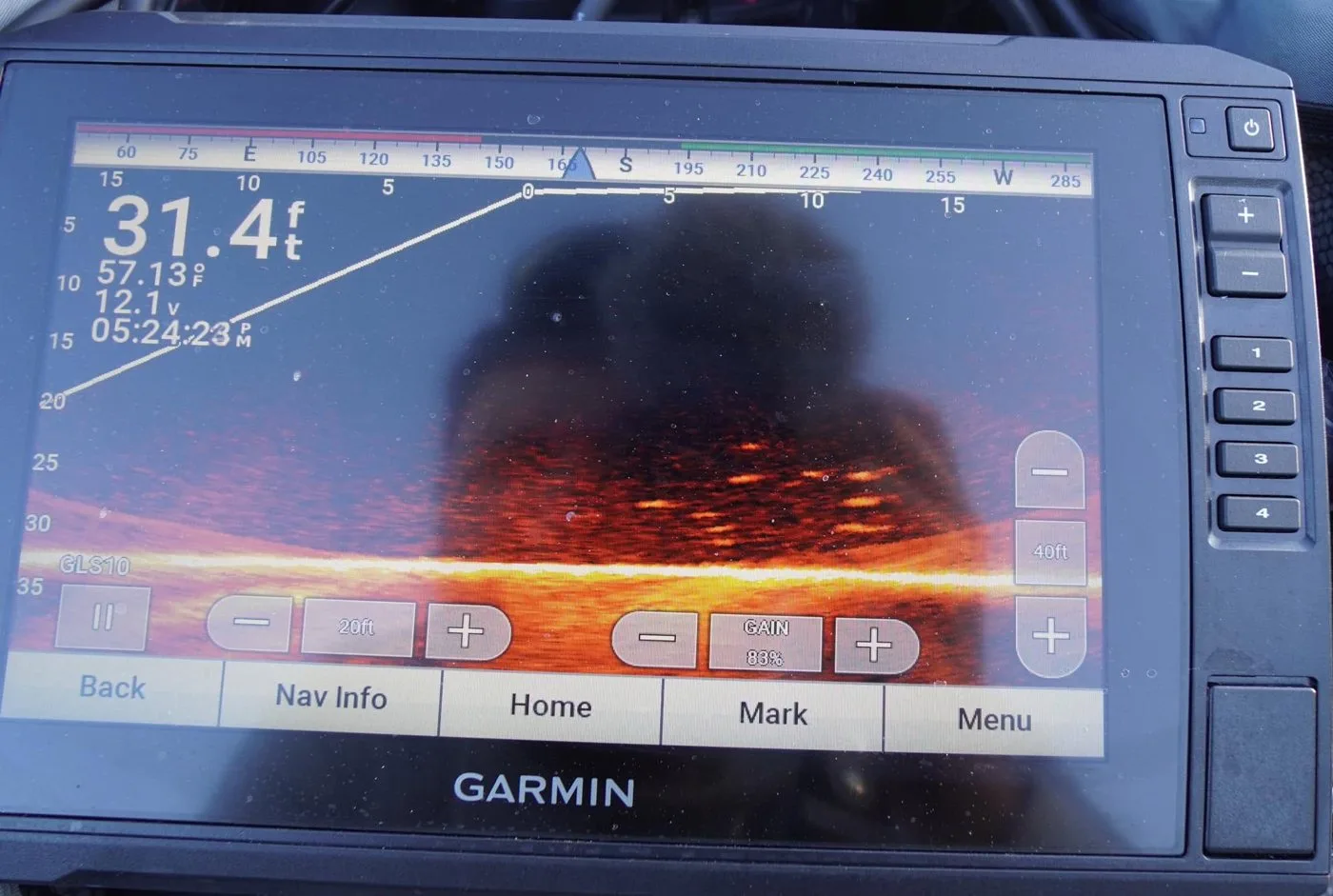 Garmin sonar showing crappie at 31.4 feet in 57 degree water