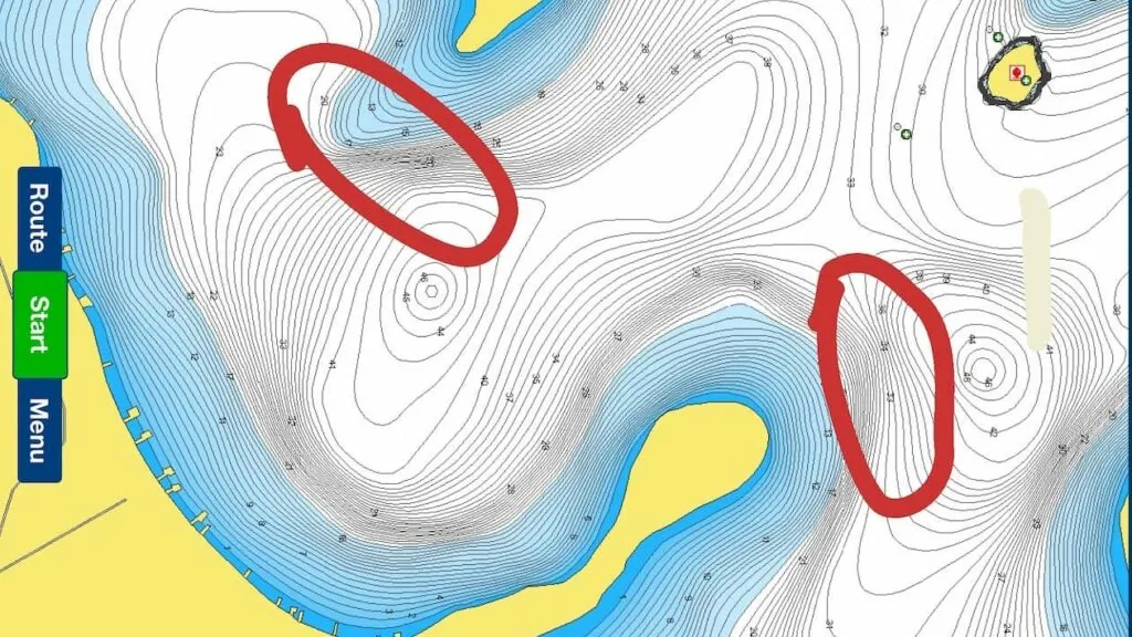 Fishing map highlighting key crappie locations during fall season