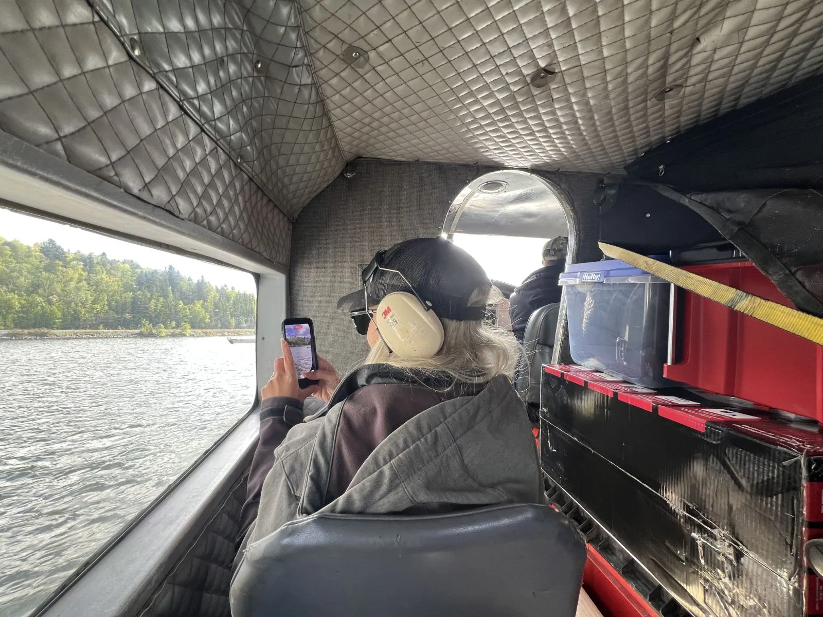 Inside the floatplane on the flight in to Kamuchawie Lake for trophy lake trout fishing
