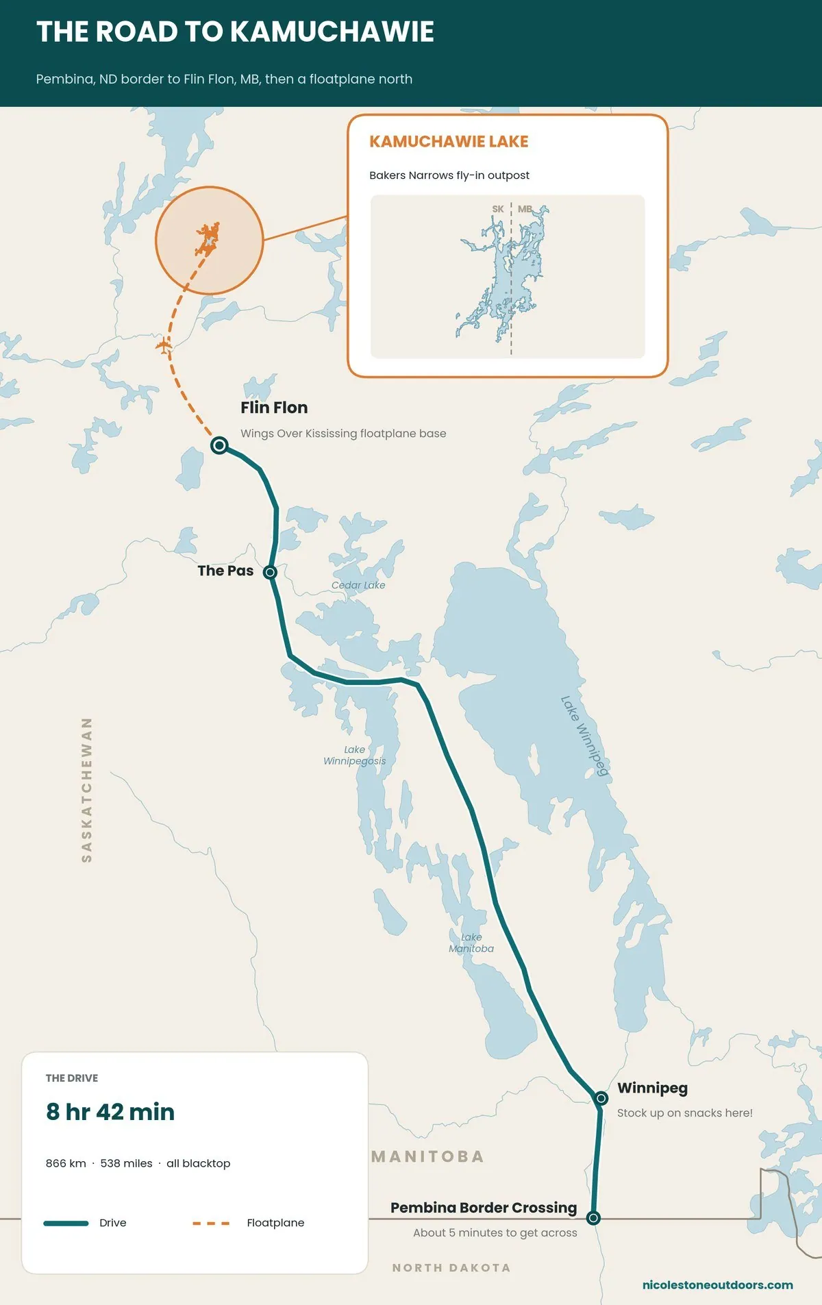 Map of the drive to Kamuchawie Lake for trophy lake trout fishing, from Pembina through Winnipeg and The Pas to Flin Flon